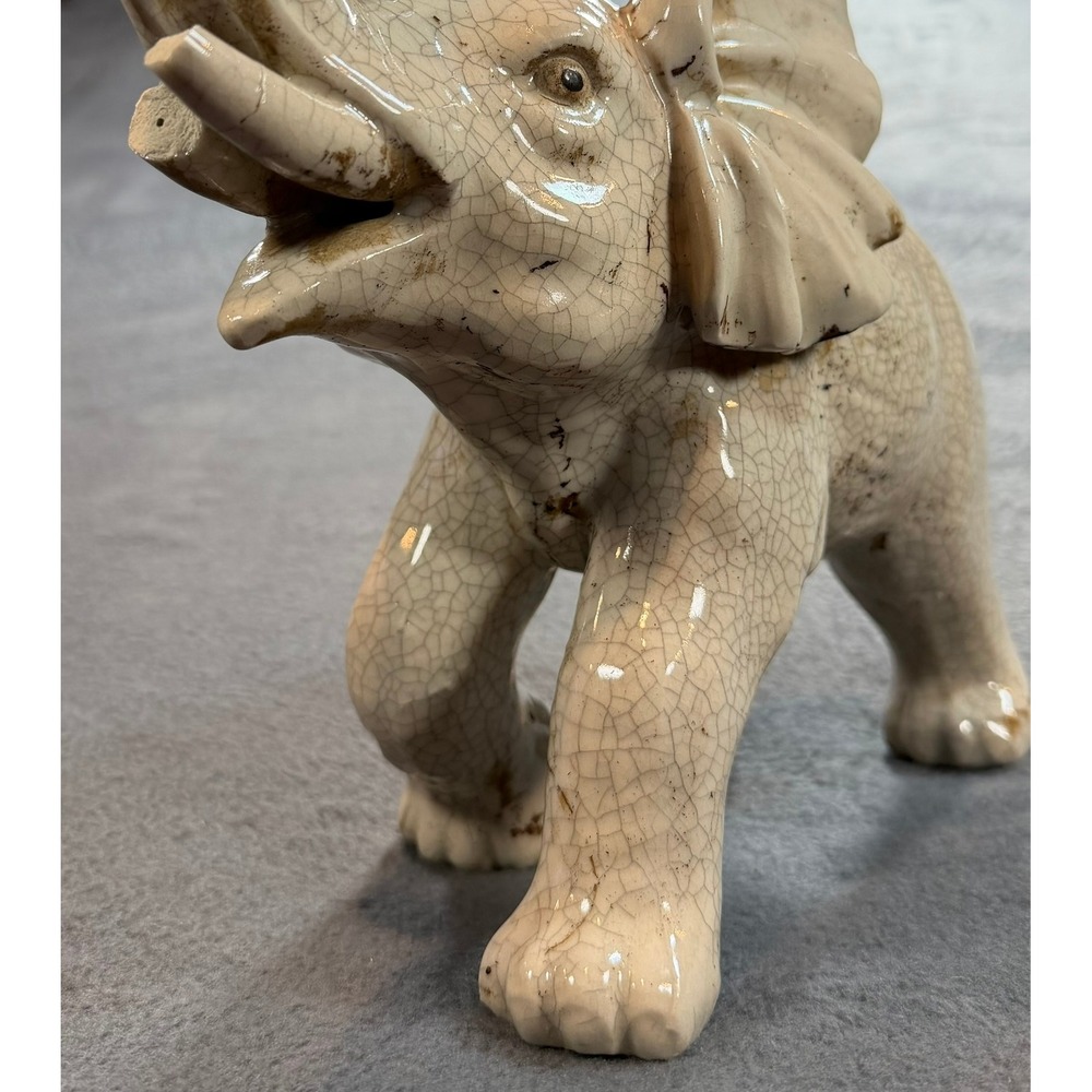 Vintage Ceramic Elephant Figurine Crackle Glaze Lucky Upturned Trunk Off-White - Picture 12 of 16